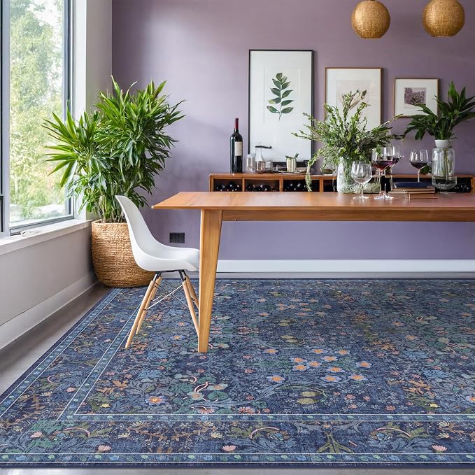 Washable Dark Blue Rug for Living Room