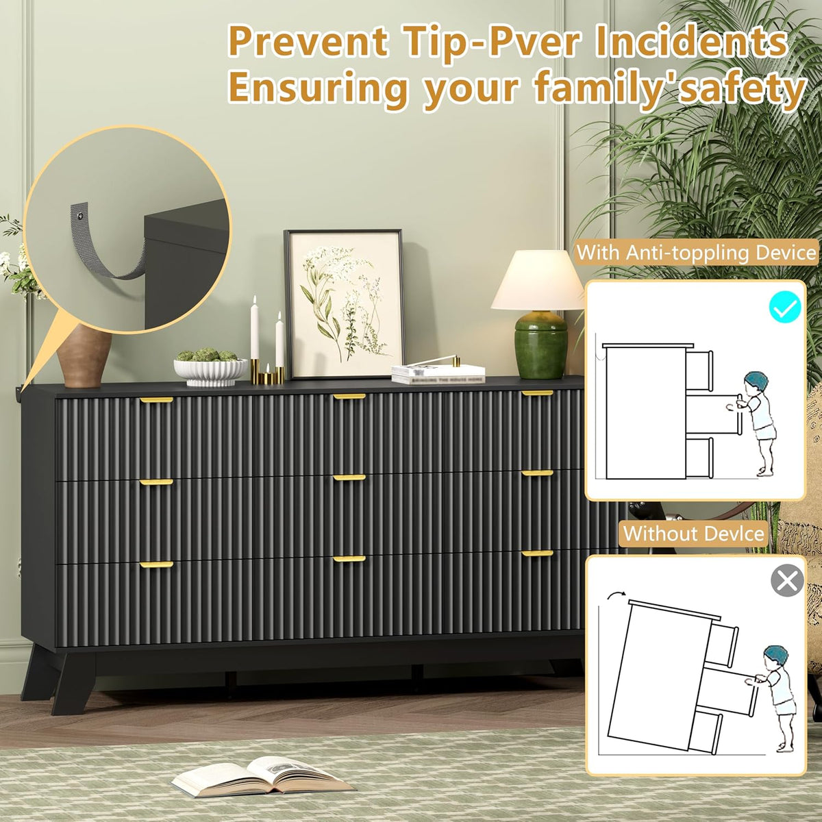 Wodeer 9 Drawer Fluted Dresser for Bedroom, Mid Century Modern Dresser with 9 Drawers, Dressers & Chests of Drawers with Metal Handle, TV Stand & Storage Organizer for Entryway, Hallway, Black