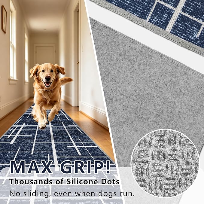 Non Slip Hallway Runner Rug 2.6x12, Modern Distressed Stripe, Washable Extra