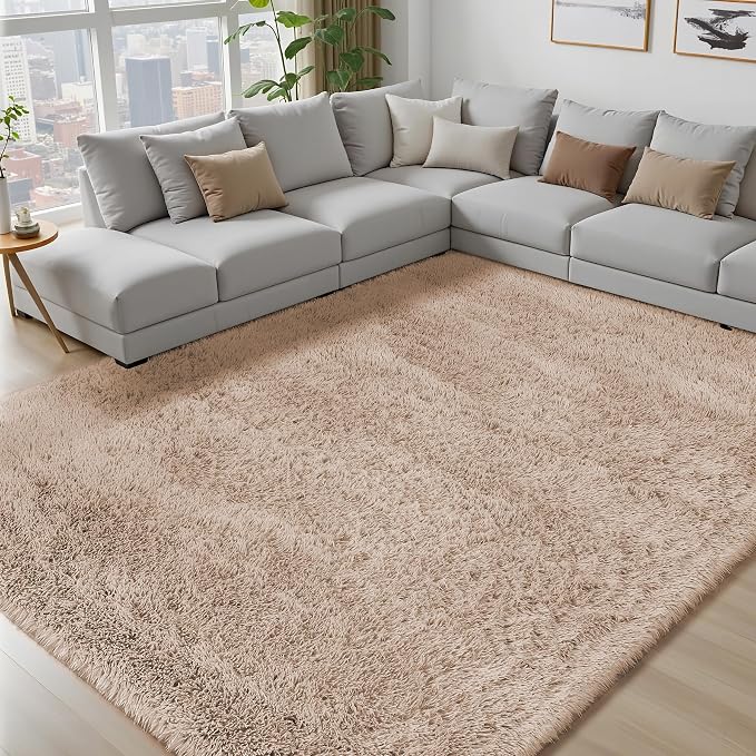 8x10 Area Rugs for Living Room Bedroom: Camel Soft Fluffy Shag Upgrade Non-Slip