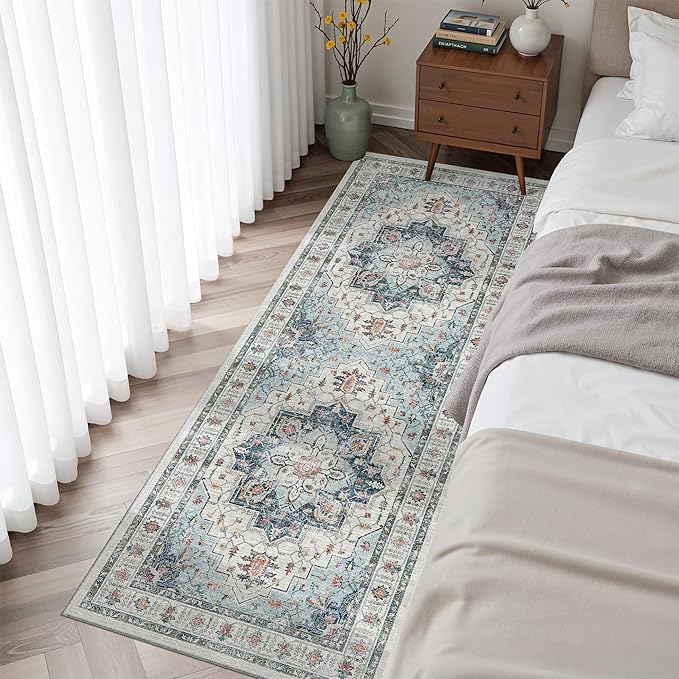 Madane Blue Runner Rug, Stain Resistant, Machine-Made, Microfiber, Living Room