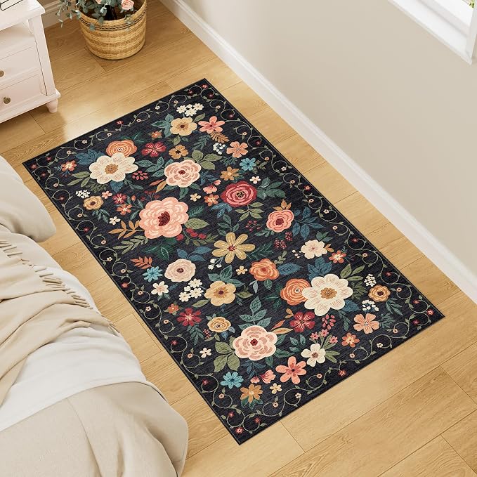 DUKINO 2x4 Rug for Entryway, Washable Kitchen Floral Runner Rug