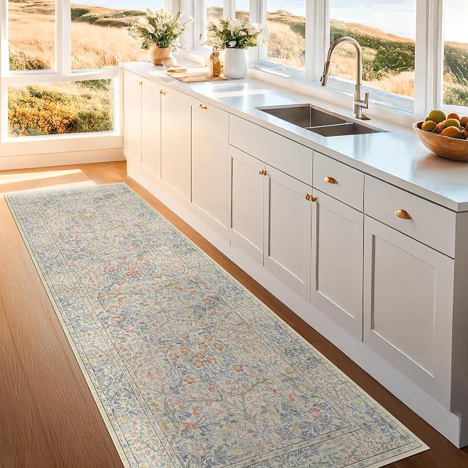 Beige Blue Washable 2x8 Runner Rug