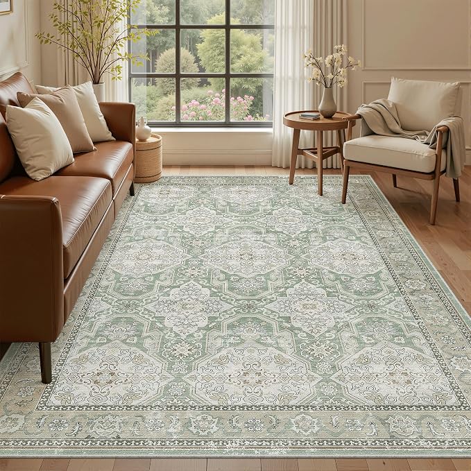 Soalmost 5x7 Area Rugs Green/Brown Low Pile Indoor Washable Trendy Faded Style