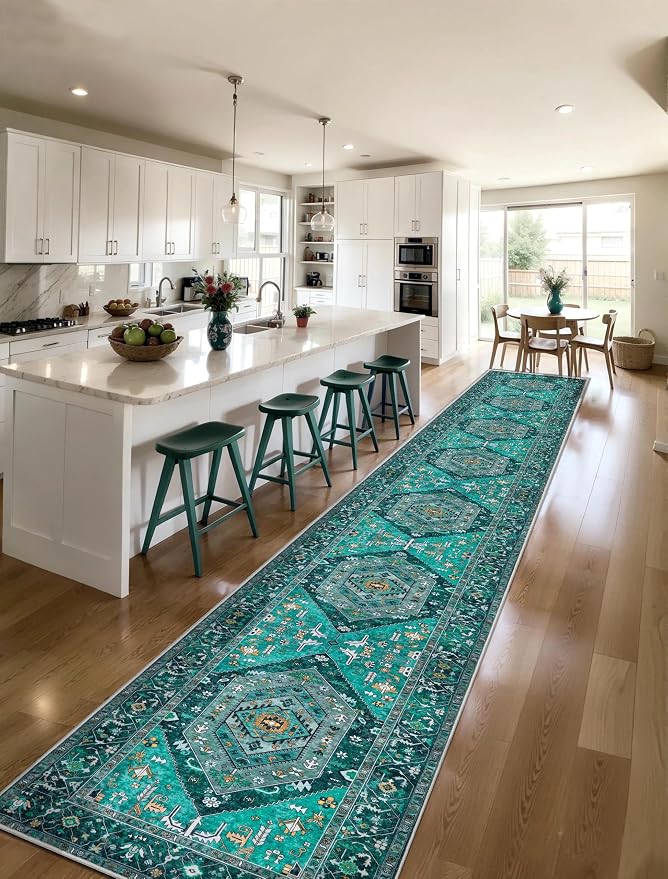 SERISSA Runner Rug for Hallways, Extra Long Boho Rug Ultra Soft Vintage Teal
