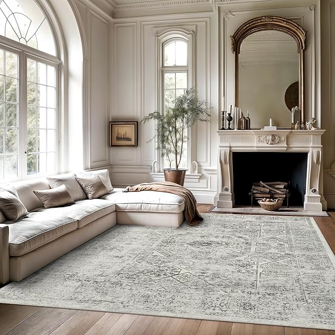 Soalmost 5x7 Area Rugs Grey Low Pile Indoor Washable Trendy Faded Style Floral