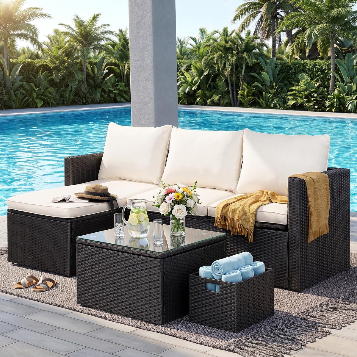 SUNLEI Patio Furniture Set with Detachable Soft Cushions, Outdoor PE Rattan Patio Conversation Sofa Set, 3-Piece Patio Sectional Sofa with Glass Coffee Table (Black Rattan&White)