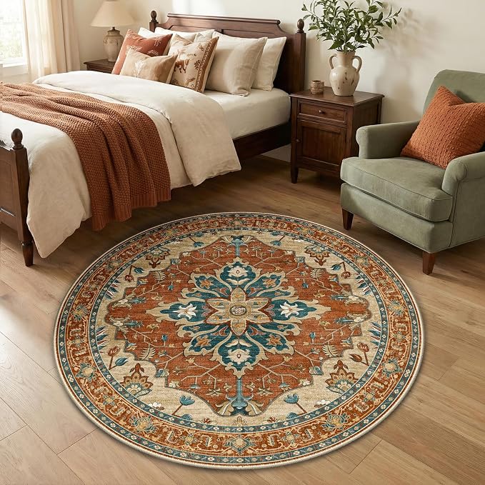RELEANY Area Rugs Round 4ft Washable Non-Slip, Floral Vintage Distress