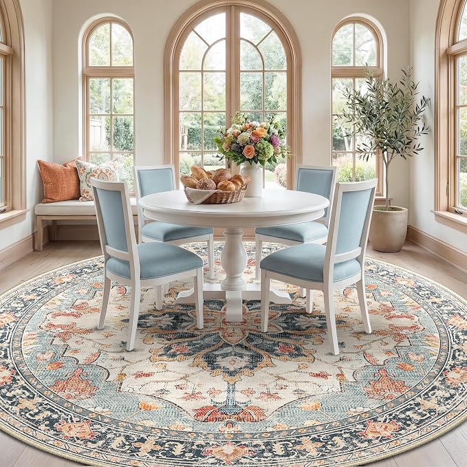 RELEANY Area Rugs Round 10ft Washable Non-Slip, Floral Vintage Distress
