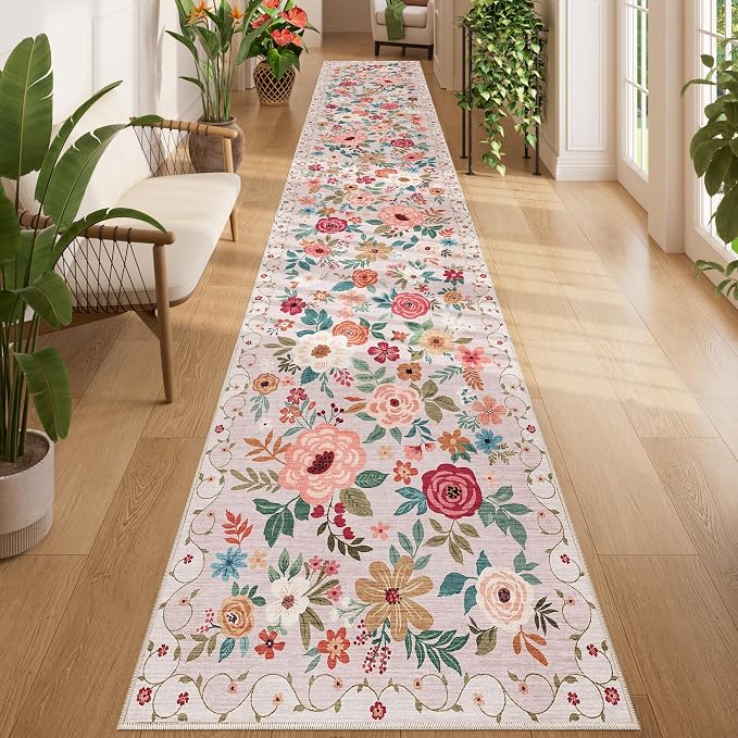 DUKINO 2.6x14 Kitchen Runner Rug, Lightweight Floral Washable Rug