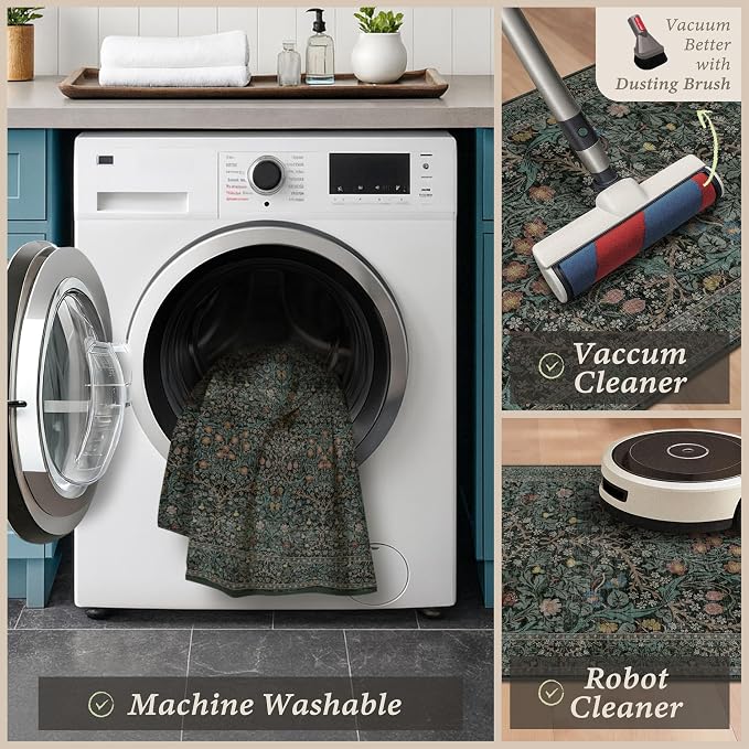 Black Green Kitchen Rug Set of 3, Washable Non-Slip Mats