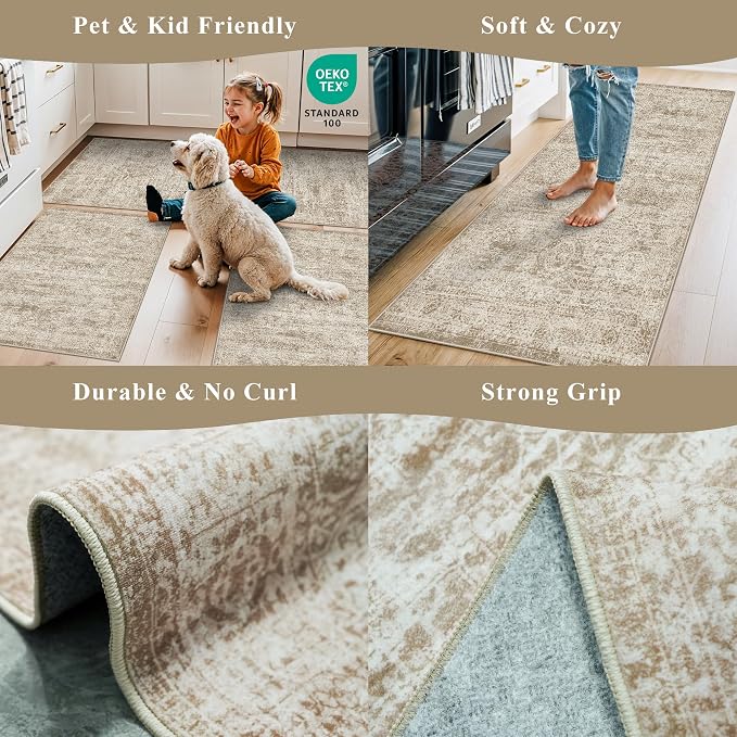 Kitchen Rugs Sets of 3, Washable Non-Slip Kitchen Mats