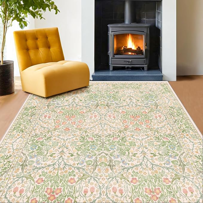 Hazo Haus Beige Green Bedroom Rug 5x7 Area Rug