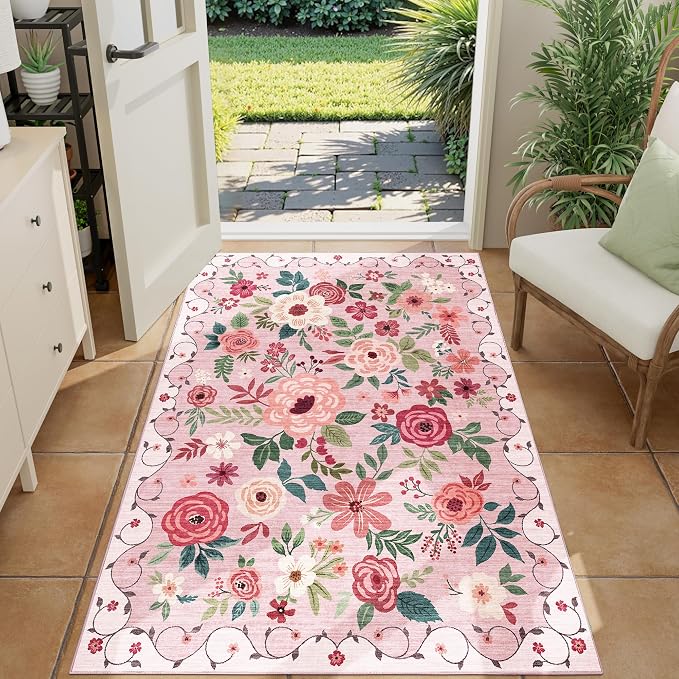 DUKINO 3x4 Area Rug, Lightweight Non Slip Washable Floral Rug, Indoor Low Pile
