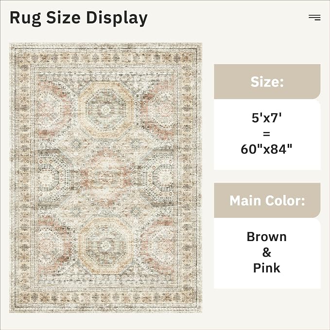 Soalmost 5x7 Area Rugs Brown Pink Low Pile Indoor Washable Trendy Faded Style
