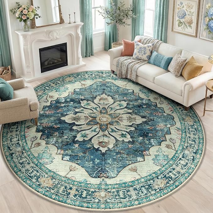 RELEANY Area Rugs Round 8ft Washable Non-Slip, Floral Vintage Distress