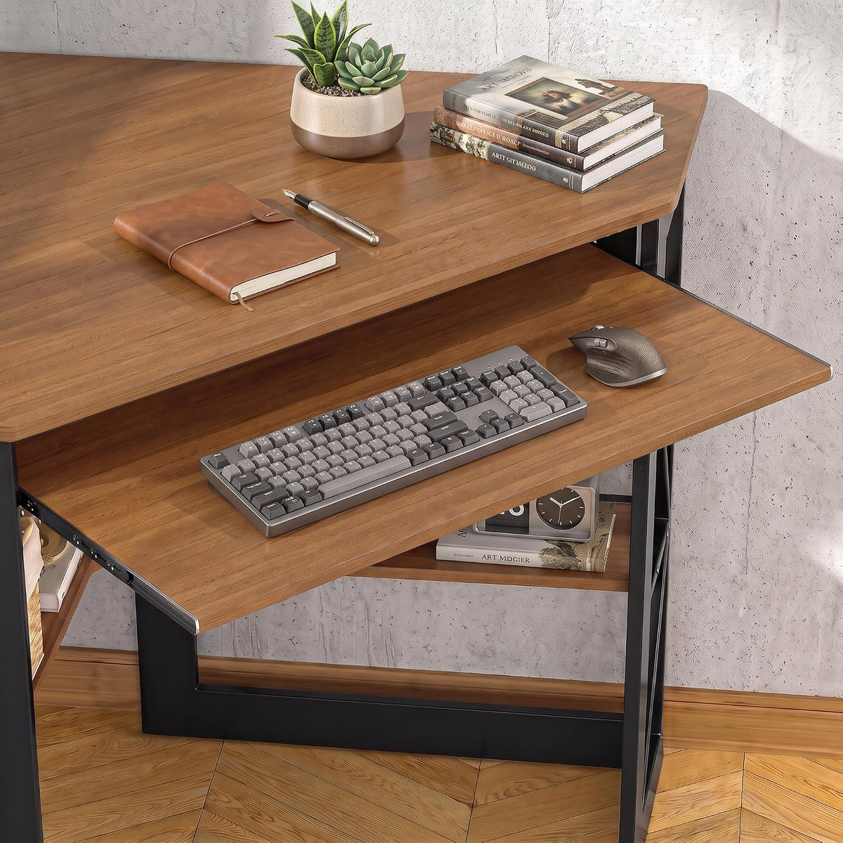 VECELO Corner Desk Computer Desk Writing Table with Smooth Keyboard Tray & Storage Shelves,Compact Home Office Triangle Table,Rustic Brown
