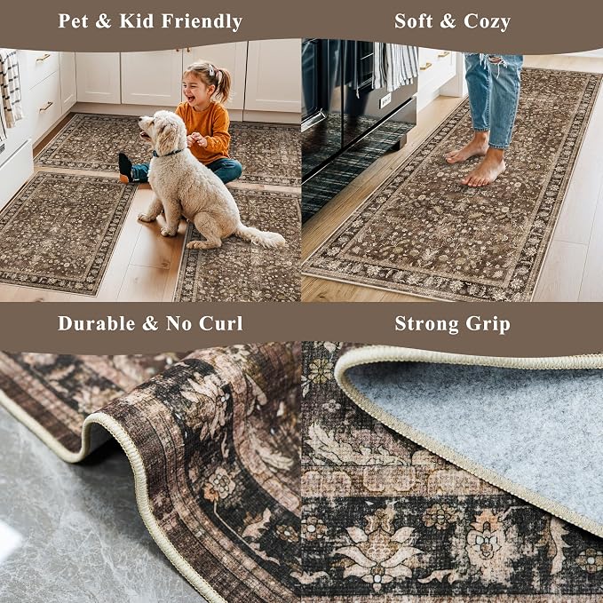 Washable Non-Skid 3 Piece Kitchen Rugs Set – Modern Boho Floral Low-Pile Area