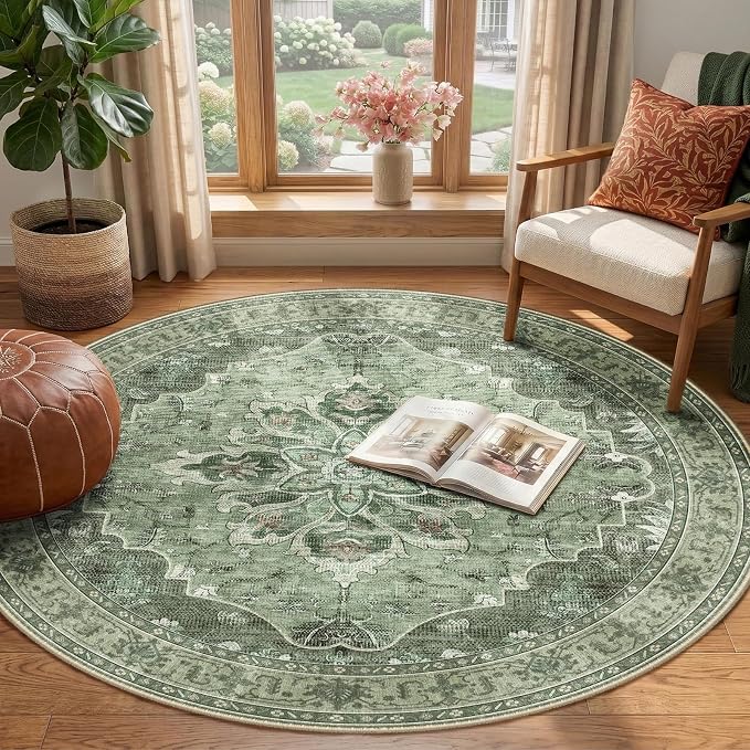 RELEANY Area Rugs Round 4ft Washable Non-Slip, Floral Vintage Distress