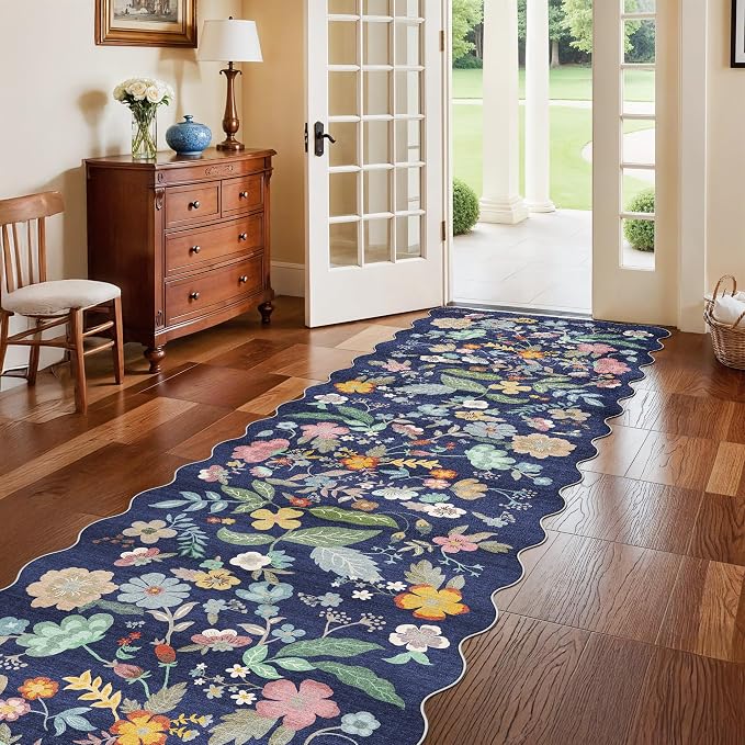 3x10 Long Hallway Runner Rug: Washable Wide 10ft Floral Low-Pile Carpet
