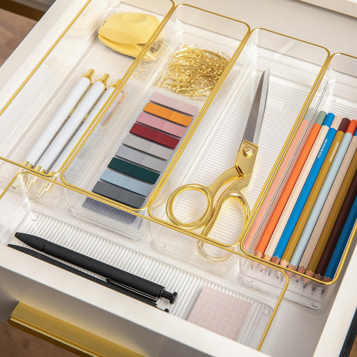 Martha Stewart Kerry Stackable Desk Drawer Organizers, Clear/Gold, 6-Pack