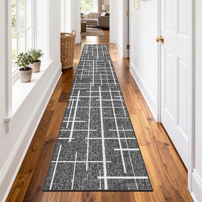 Non Slip Hallway Runner Rug 2.6x12, Modern Distressed Stripe, Washable Extra