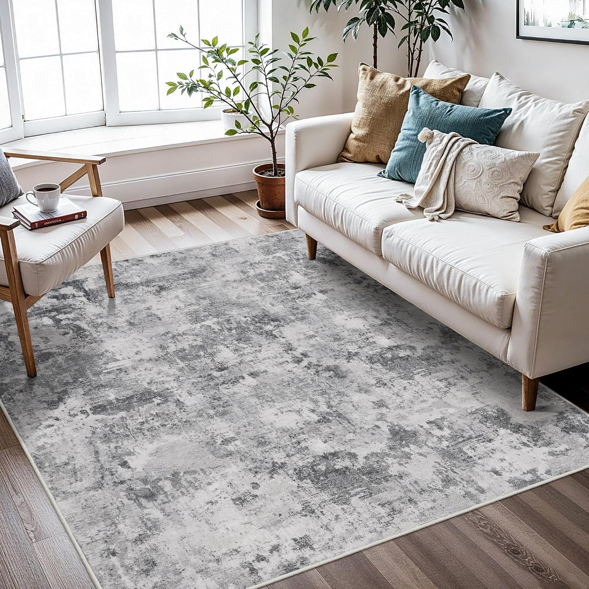 4x4 Rug Square Washable for Entryway: Non Slip Abstract Area Rug Black Grey