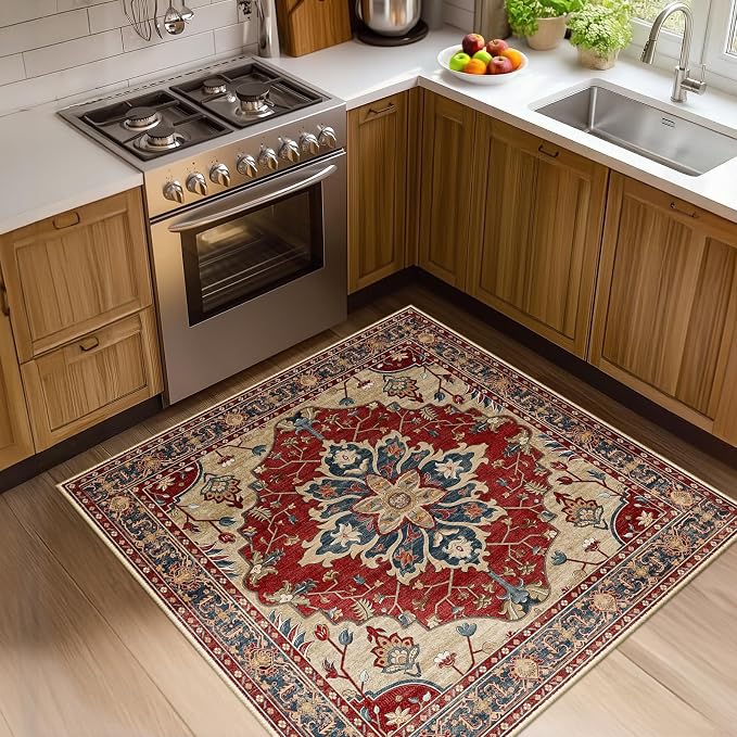RELEANY Area Rugs Square 4ft Washable Non-Slip, Floral Vintage Distress