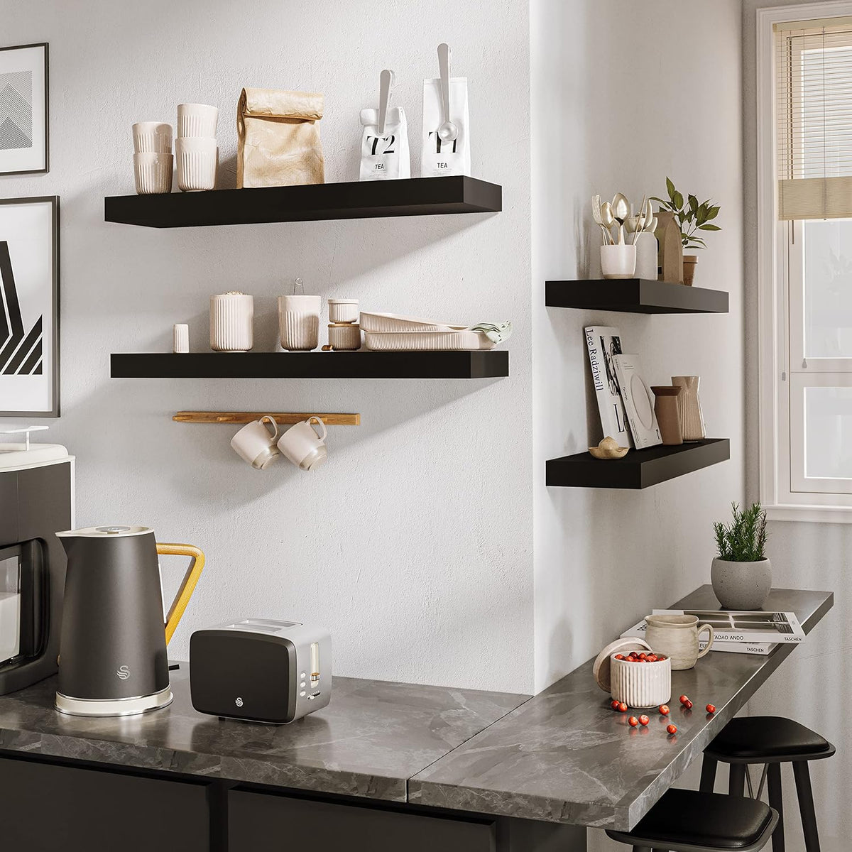 BAMEOS Floating Wall Shelves 24 x 6 Inch – Easy-Install Hanging Shelves with Hardware Included | Modern Decor Shelf for Bathroom, Bedroom & Living Room Storage, Set of 2, Black