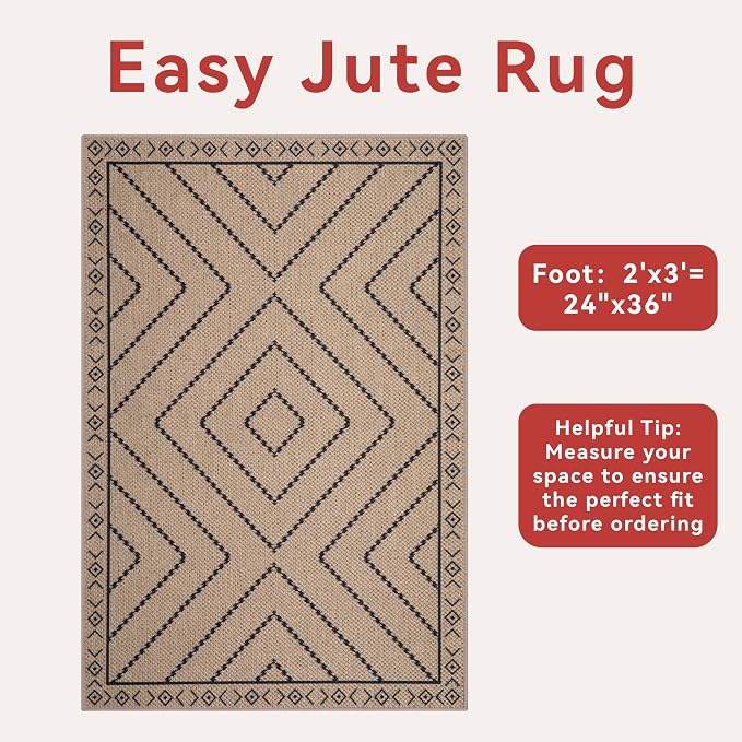 Tangsoo Easy Jute Rug 2x3 Outdoor Rug, Washable Non-Slip Rug
