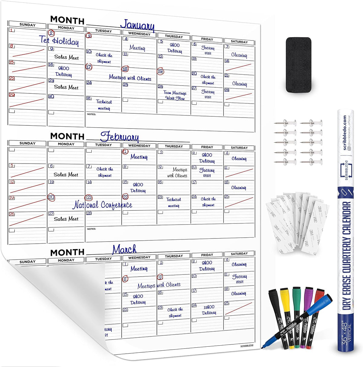 Large 36"x48" Quarterly White Board Calendar Dry Erase Calendar for Wall 3 Month Big Dry Erase Wall Calendar Monthly Dry Erase Board Planner Includes 6 Markers Eraser Push Pins & Mounting Tape