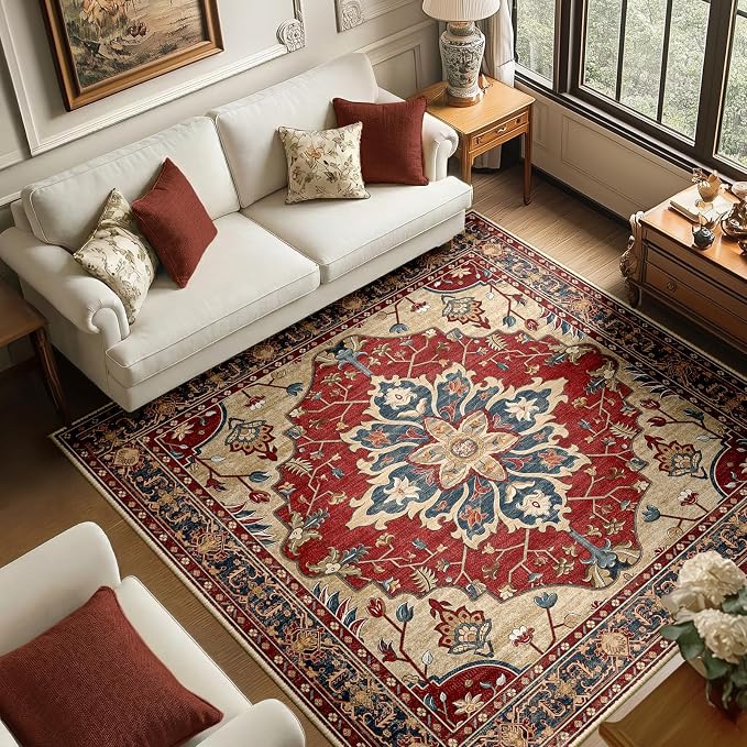 RELEANY Area Rugs Square 6ft Washable Non-Slip, Floral Vintage Distress
