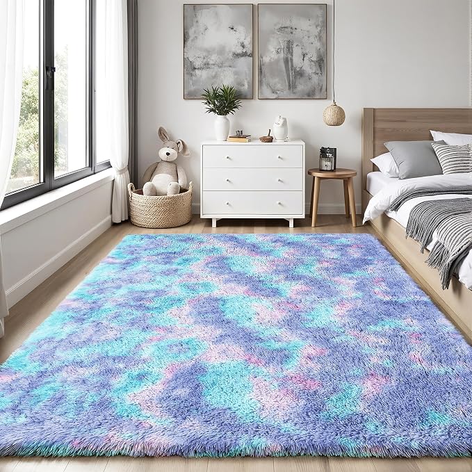 Rainbow Fluffy Rugs for Girls Bedroom: 4x6 Large Shag High Pile Area Rug