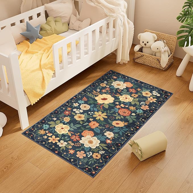 DUKINO 2x4 Rug for Entryway, Washable Kitchen Floral Runner Rug