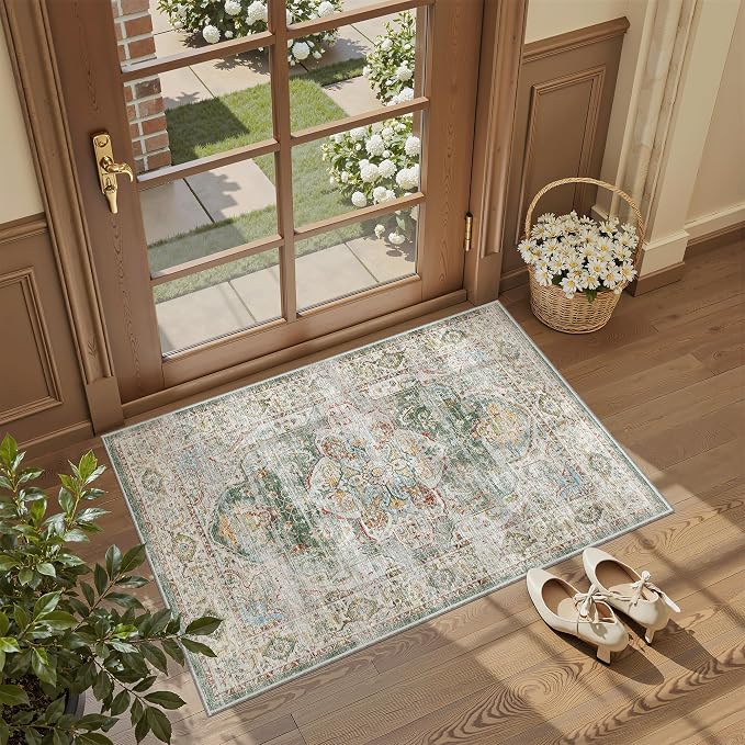 Madane Washable Area Rug 2x3, Small Entryway Rug Non-Slip Vintage Door Mat