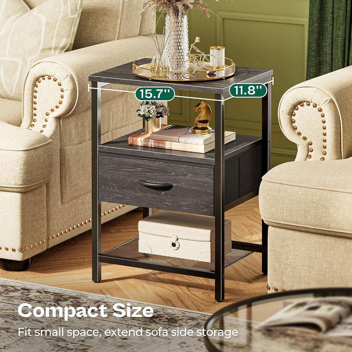 Huuger Nightstand Set of 2, Night Stand with Fabric Drawer, Mesh Shelf