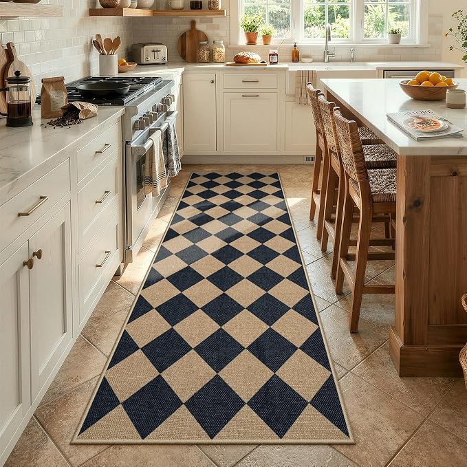 Lahome Checkered Easy Jute Non Slip Kitchen Runner, Checkerboard Indoor Outdoor