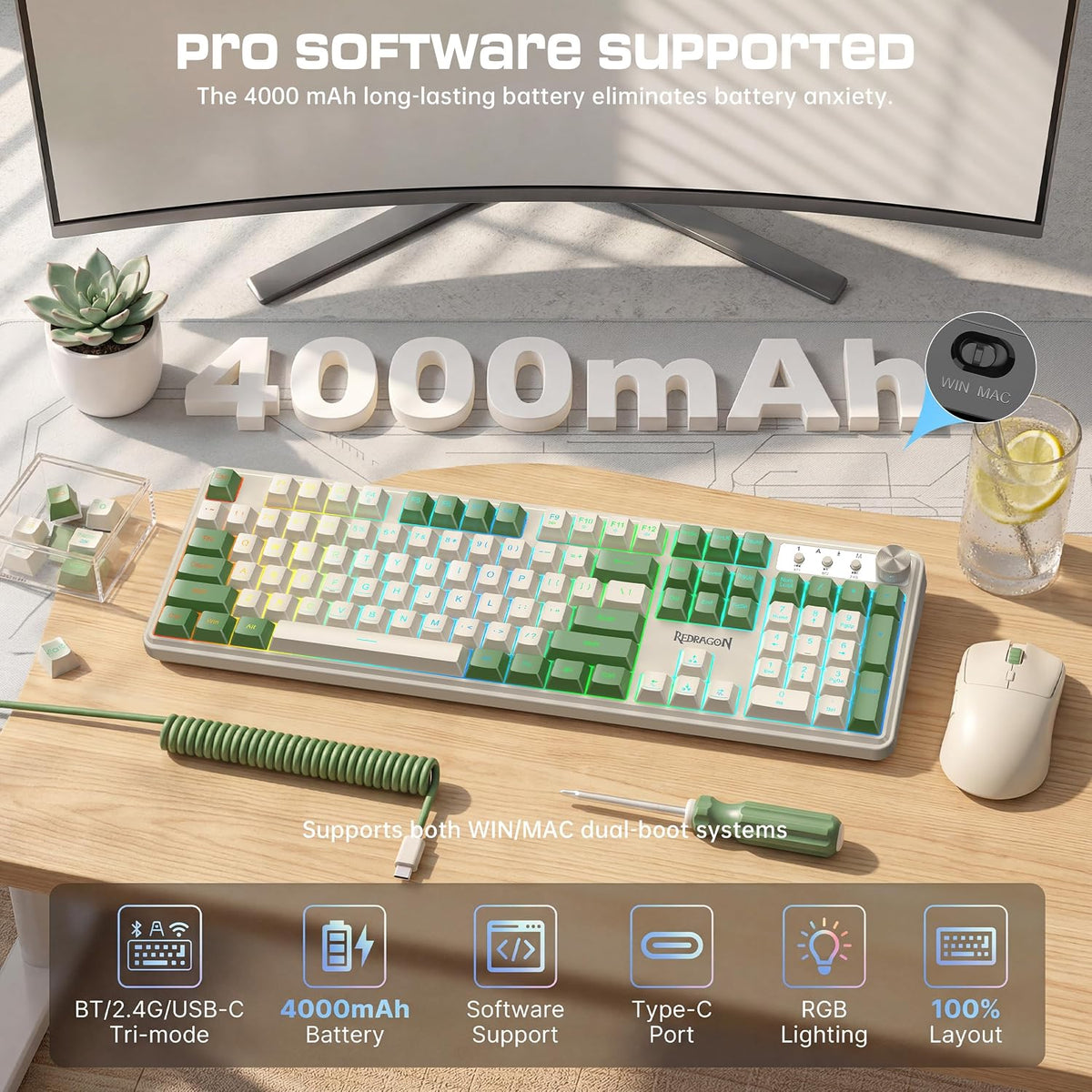 Redragon RM104 Wireless Gaming Keyboard with Knob, Tri-Mode BT/2.4G/USB-C RGB Computer Keyboards, 4000mAh Battery, Programmable Software Support, Anti-Ghosting, Compatible with PC Mac - White & Green