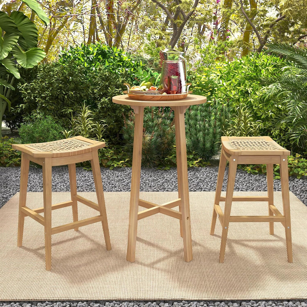 Tangkula Wood Bar Stool Set of 2, 29” Patio Rattan Acacia Barstool with Footrest & Saddle Seat, Boho Bar Height Stool for Indoors Outdoors, Bar Chair for Deck, Garden & Poolside, Natural(2)