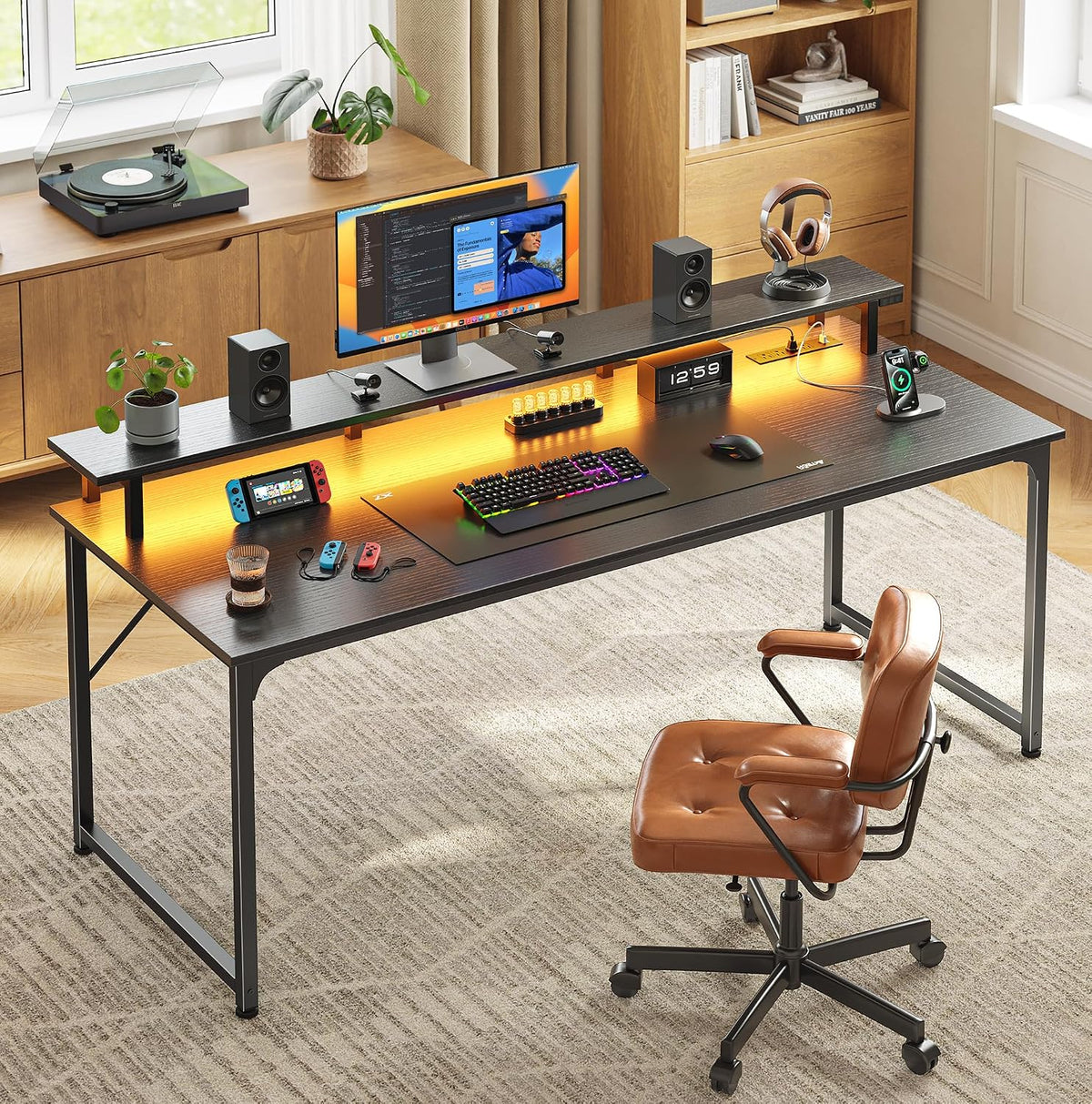 PRAISUN 55 inch Gaming Desk, LED & Power Outlets, Monitor Stand, Black