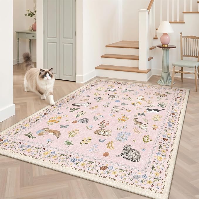 Soalmost Cat 4x6 Area Rugs for Baby Girl Nursery, Machine Washable Animal