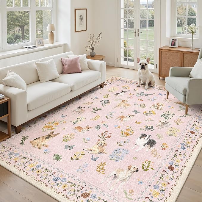 Soalmost Dog 5x7 Area Rugs for Living Room, Machine Washable Animal Floral