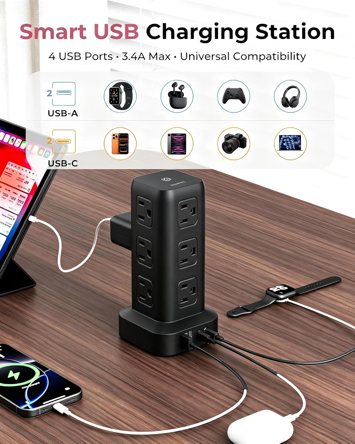 Power Strip 6.5 FT Cord, Power Strip Tower with 4 USB Ports (2USB C), Extension Cord with 12 AC Multiple Outlets, Home Office Supplies Desk Accessories, Dorm Room Essentials