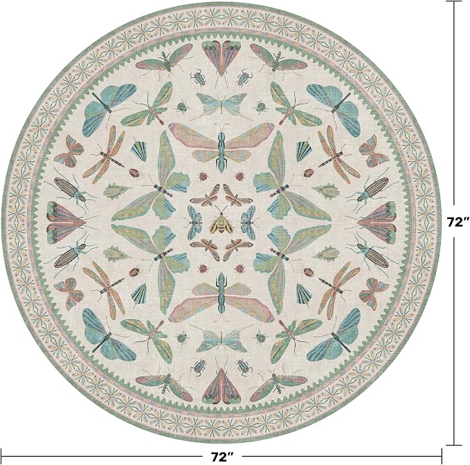 Hazo Haus Green and Blue Insect 6ft Round Soft Rugs