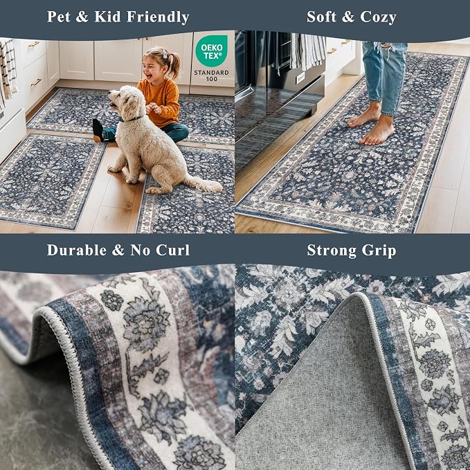 Kitchen Rug Sets 4-Piece with Runner – Washable Non-Slip Floor Mats