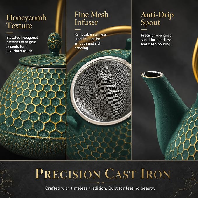 YJX 54oz Cast Iron Tea Kettle for Stovetop, Enameled Interior, Heavy and Durable