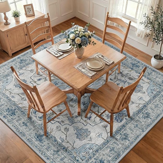 RELEANY Area Rugs Square 8ft Washable Non-Slip, Floral Vintage Distress