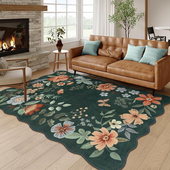 Lahome Floral Washable Living Room Rugs, 5x7 Green Area Rugs