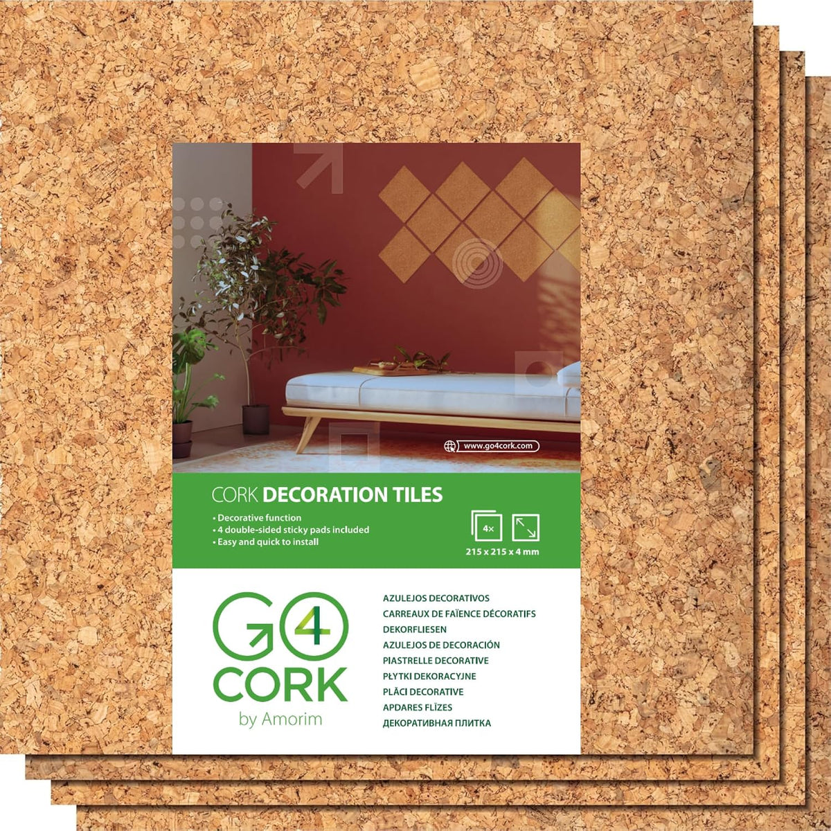 Go4Cork Square Double Sided Cork Tile Panels, 4 Pack, 8.5 x 8.5 x 5/32"