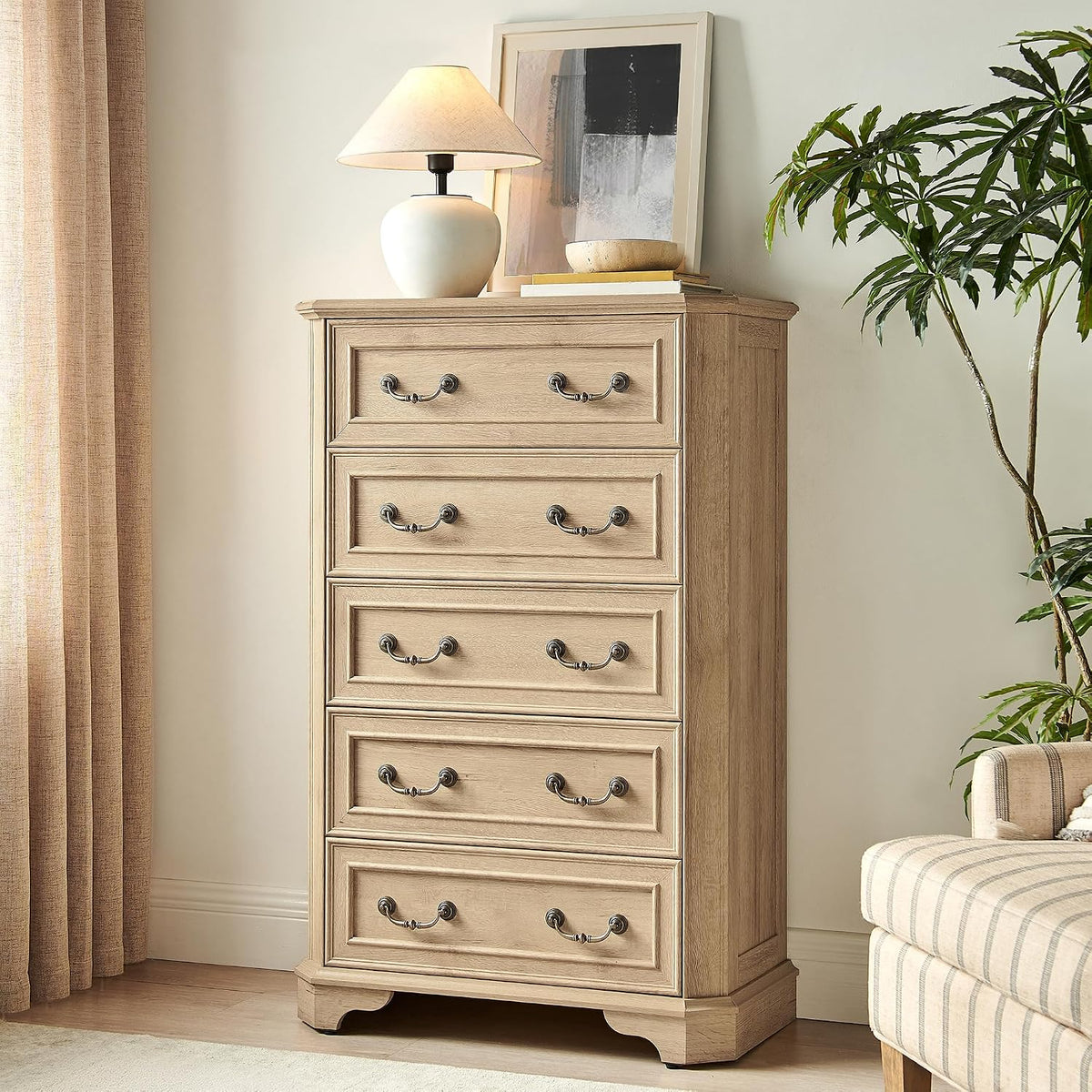 T4TREAM Farmhouse 5 Drawers Dresser for Bedroom, 48" Tall Wood Rustic Chest of Drawers with Natural Texture, Vintage Design, Storage Dressers Organizer for Bedroom, Living Room, Hallway, Natural Oak